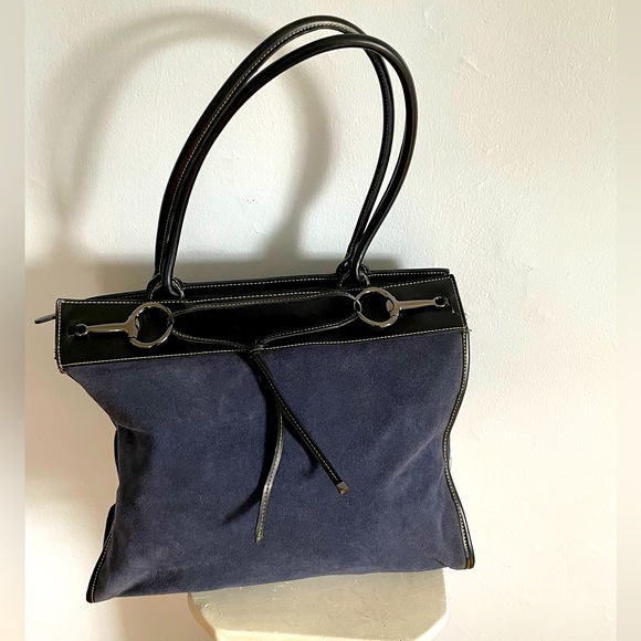 Franklin Covey Blue Suede Leather Shoulder Equestrian Bag Purse - Picture 3 of 13
